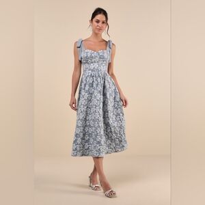 Lulu's Bubbly Bliss Slate Blue Jacquard Bustier Tie-Strap Midi Dress